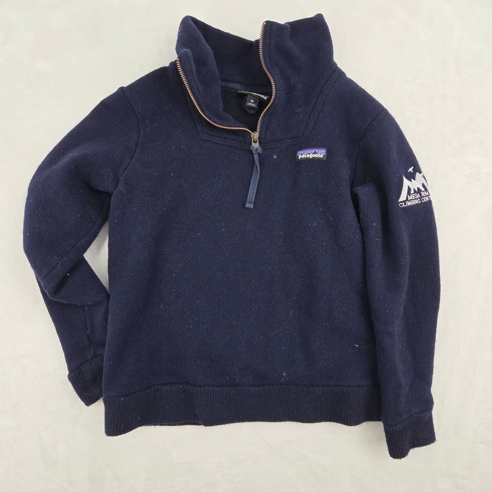 Patagonia Women's Woolie Fleece Pullover Sweater Navy Blue Sz XS Embroidered